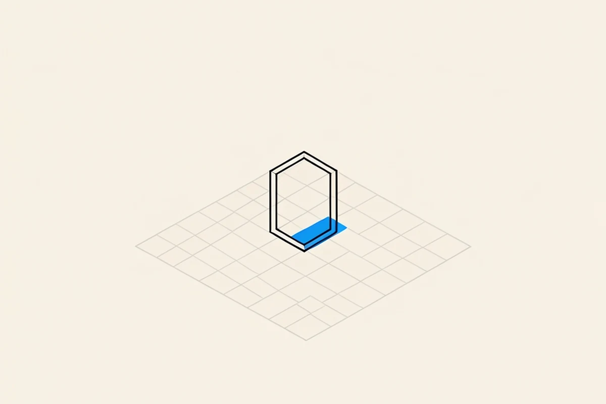 An isometric technical diagram of a single small blank open frame outline standing upright on a wide empty grid plane, with no contents inside it