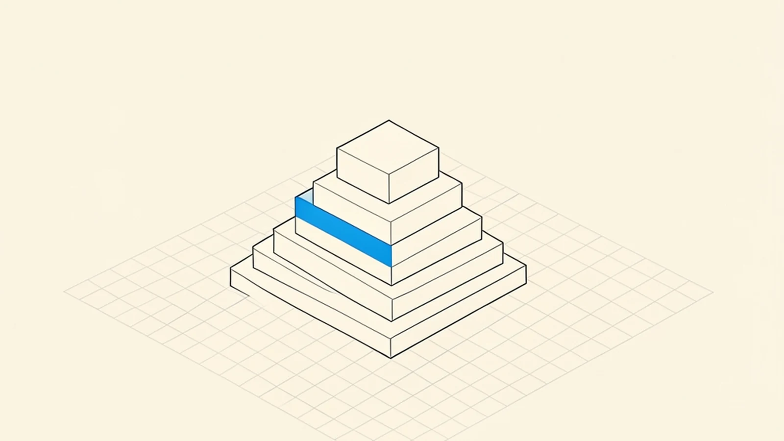 An isometric technical diagram of a stepped pyramid of blank rectangular blocks descending from left to right on a flat grid plane, drawn as precise thin outlines