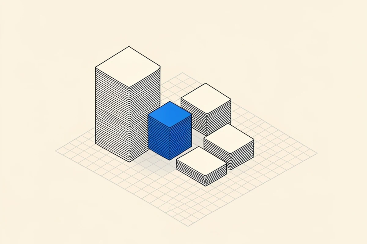 An isometric technical diagram of a tall stack of thin blank plates on the left and several short stacks of the same plates spread to the right on a grid plane