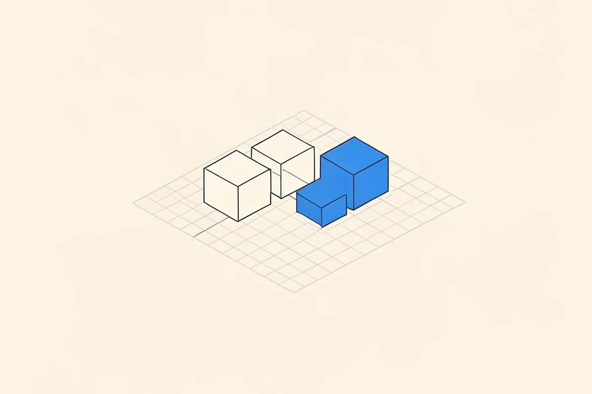 An isometric technical diagram of four small identical blank cubes arranged in a single evenly spaced horizontal row on a grid plane, each connected to the next by a short thin line