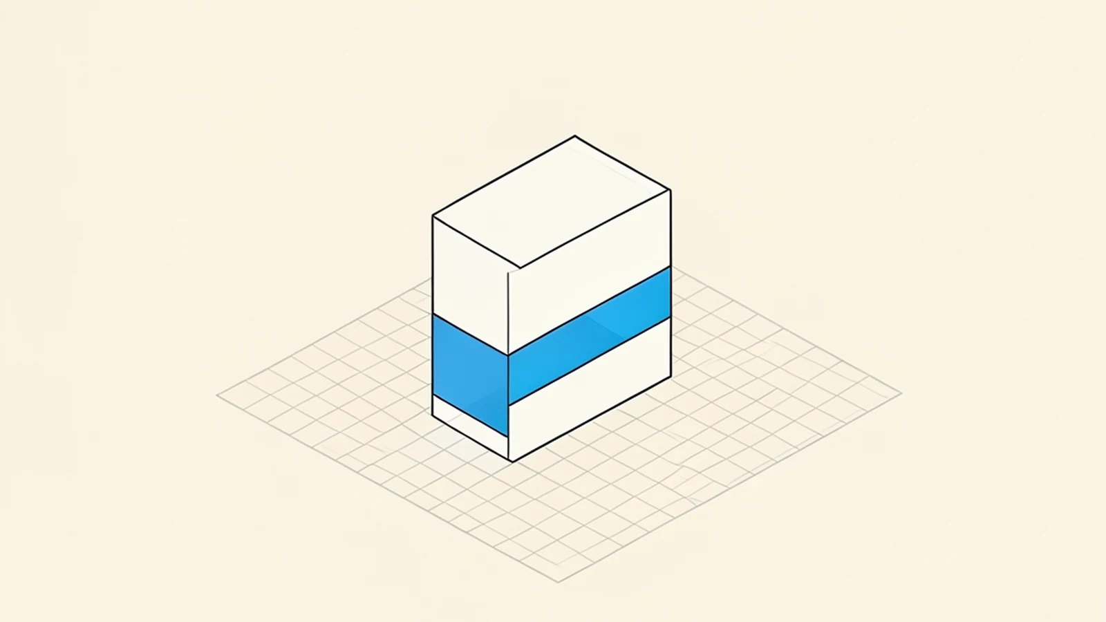 An isometric technical diagram of one small blank rectangular panel divided into three horizontal bands, standing on a flat grid plane, drawn as a precise thin-line diagram