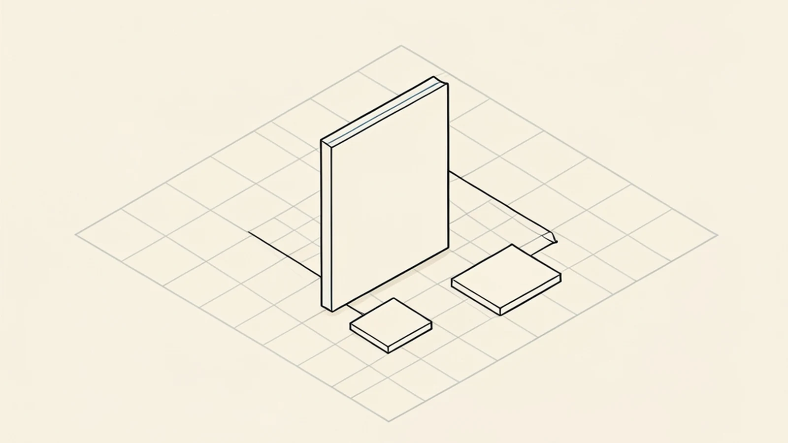 An isometric technical diagram of one small blank upright rectangular panel on a grid plane with two thin lines running to two smaller blank square plates side by side