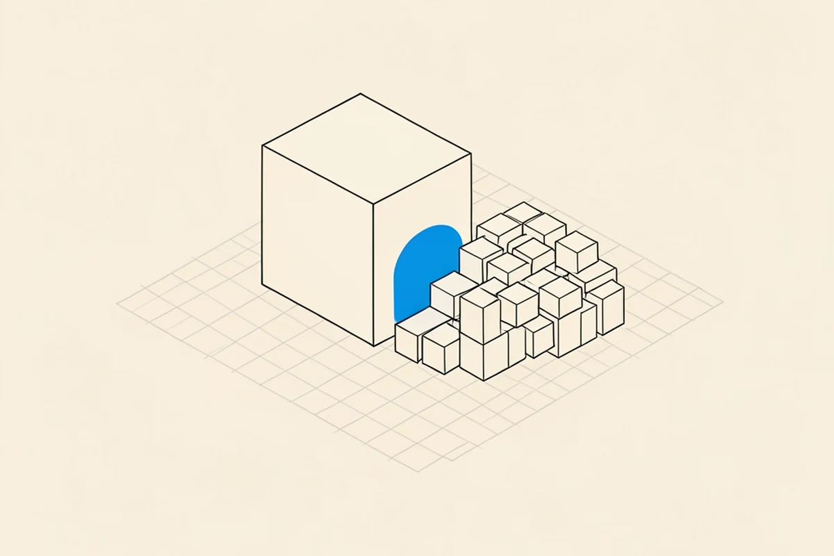 An isometric technical diagram of one large blank cube beside a cluster of many small blank cubes on a grid plane, showing a size contrast between a single block and a group