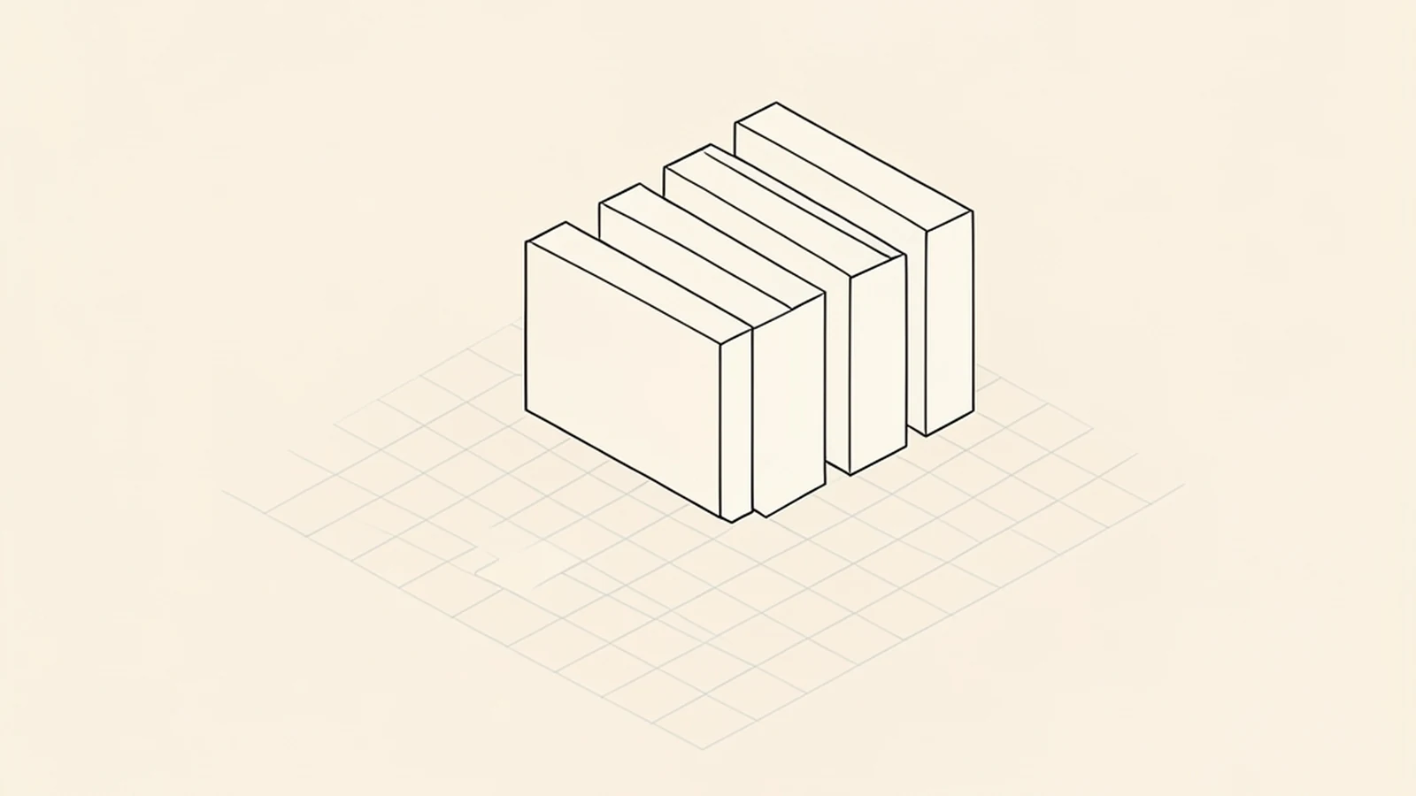 An isometric technical diagram of a descending row of blank rectangular bars of decreasing height standing on a flat grid plane, drawn as precise thin outlines with no shading