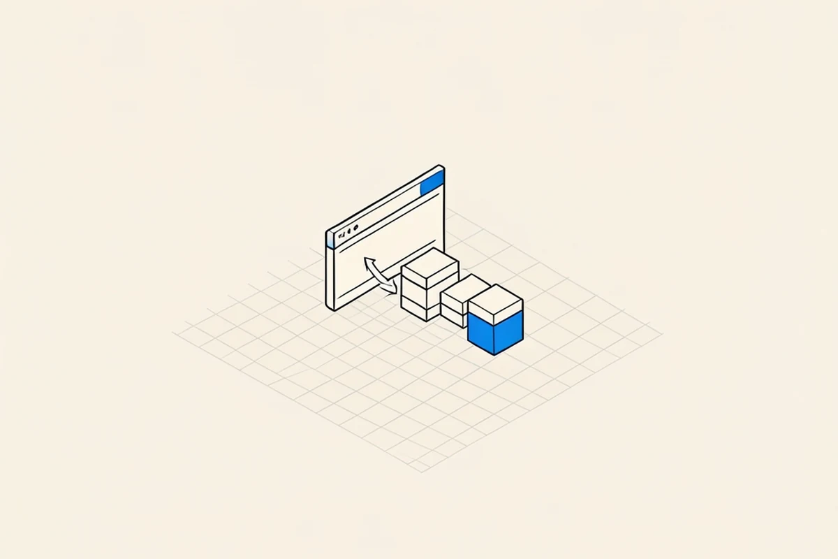 An isometric technical diagram of a small plain browser window panel connected by a single arrow to a row of three small stacked blocks, representing software reading a chain of blocks