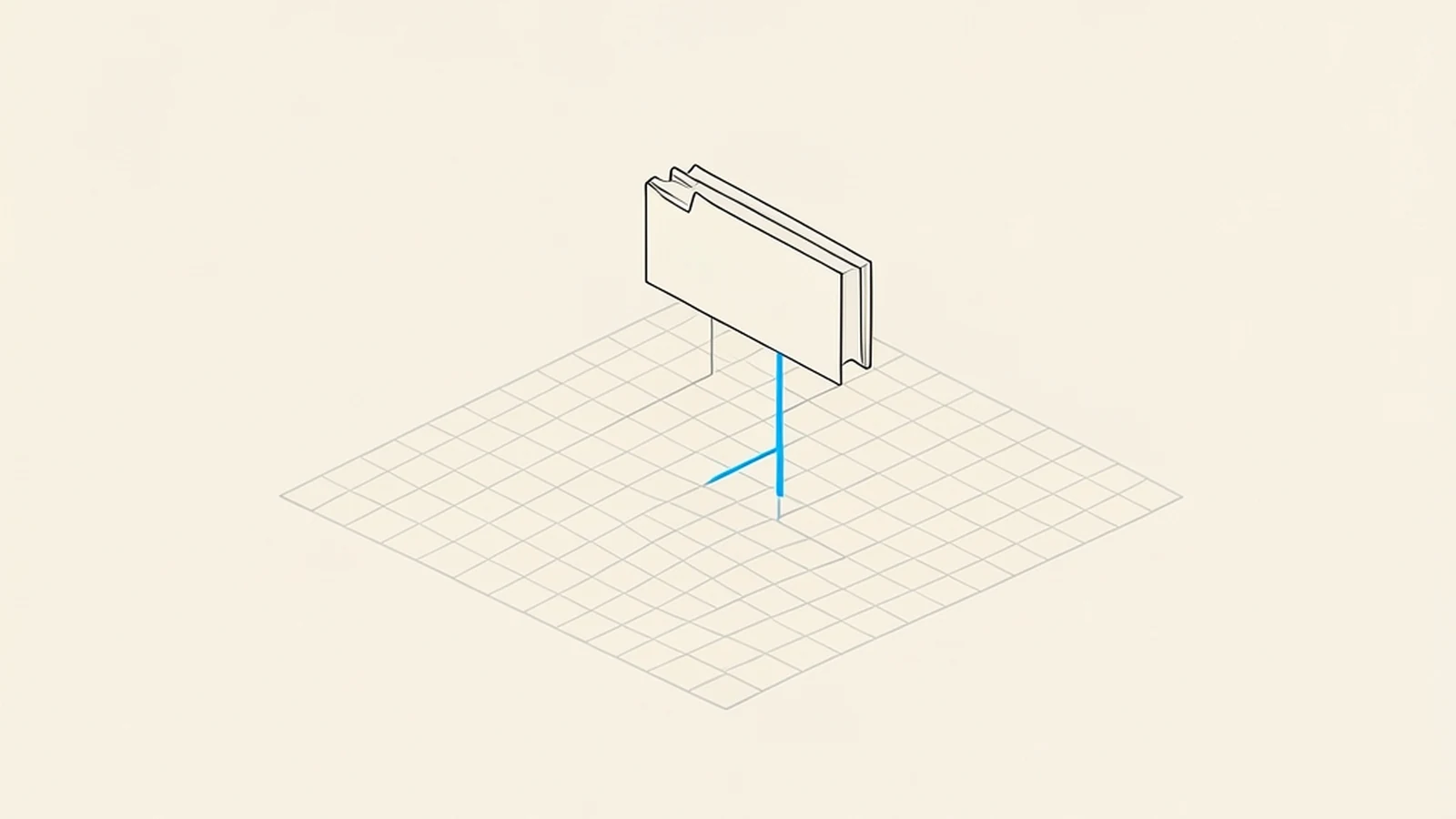 An isometric technical diagram of a single small blank rectangular ledger row floating above a flat grid plane, with thin connector lines running from it, drawn as a precise line diagram with no shading
