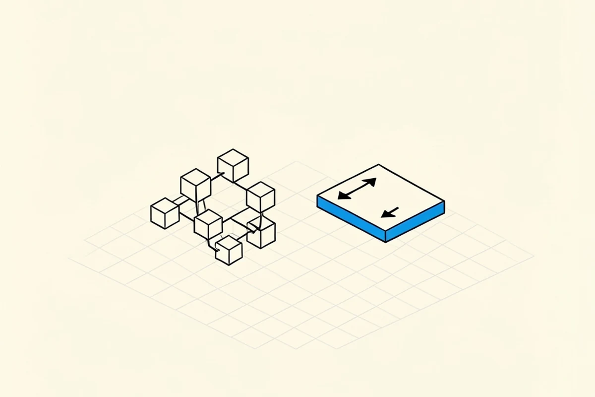 An isometric technical diagram comparing two small structures side by side: on the left a branching chain of small linked cubes, on the right a single flat plate with an arrow pointing into it and an arrow pointing out