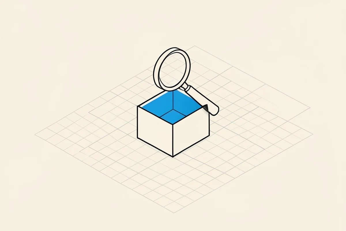 An isometric technical diagram of a small open box shape with a thin magnifier outline hovering above it, drawn in precise thin lines on a grid plane