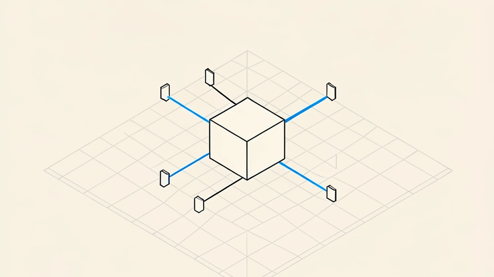 An isometric technical diagram of a single small blank cube resting on a wide flat grid plane, with four thin lines radiating outward from it to small empty square markers
