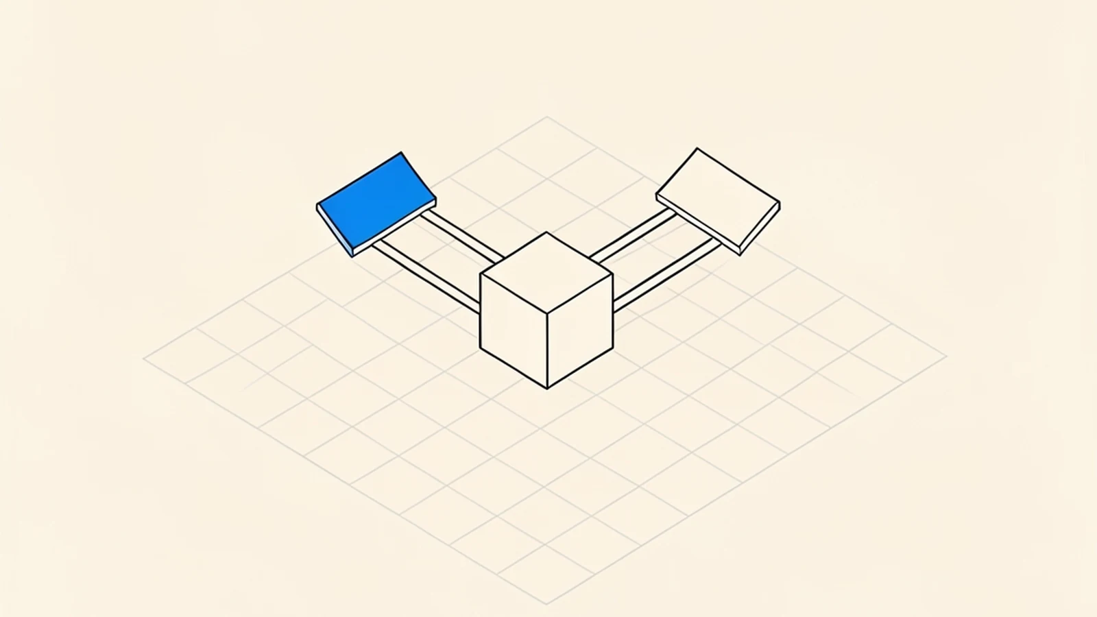 An isometric technical diagram of one small blank cube on a grid plane with thin double lines fanning out to two smaller blank square plates, one of them filled solid blue