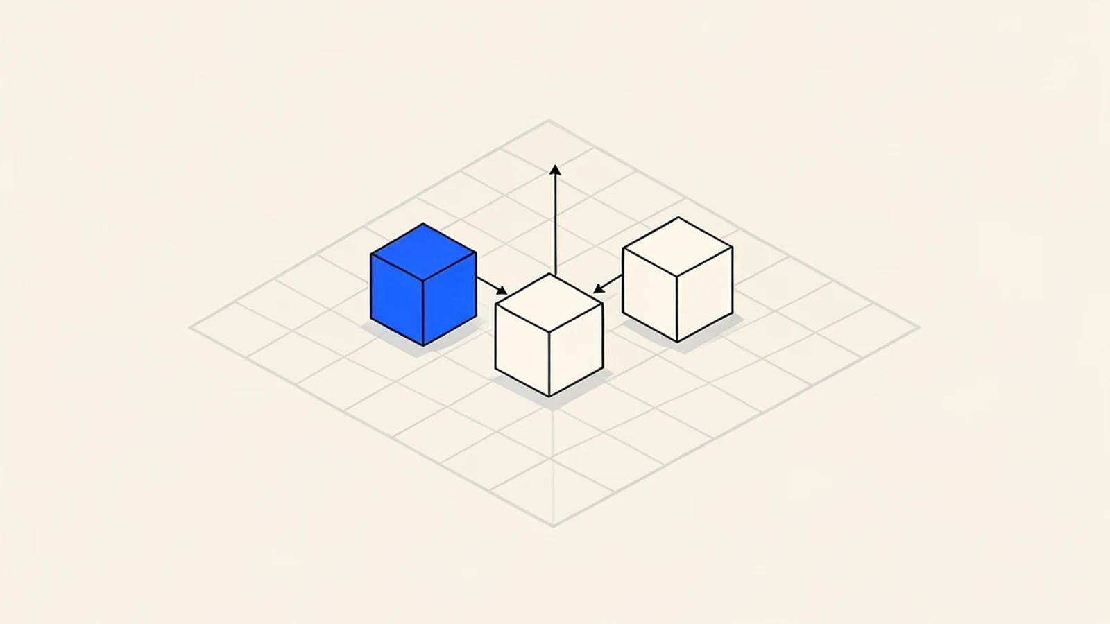 An isometric technical diagram of three small blank cubes in a horizontal row on a grid plane, connected left to right by thin directional arrows, with one short branch line going upward