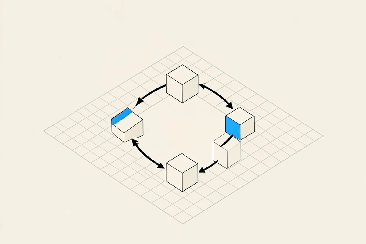 An isometric technical diagram of four small blank cubes arranged in a closed square loop with thin arrows running between them in a circle on a grid plane